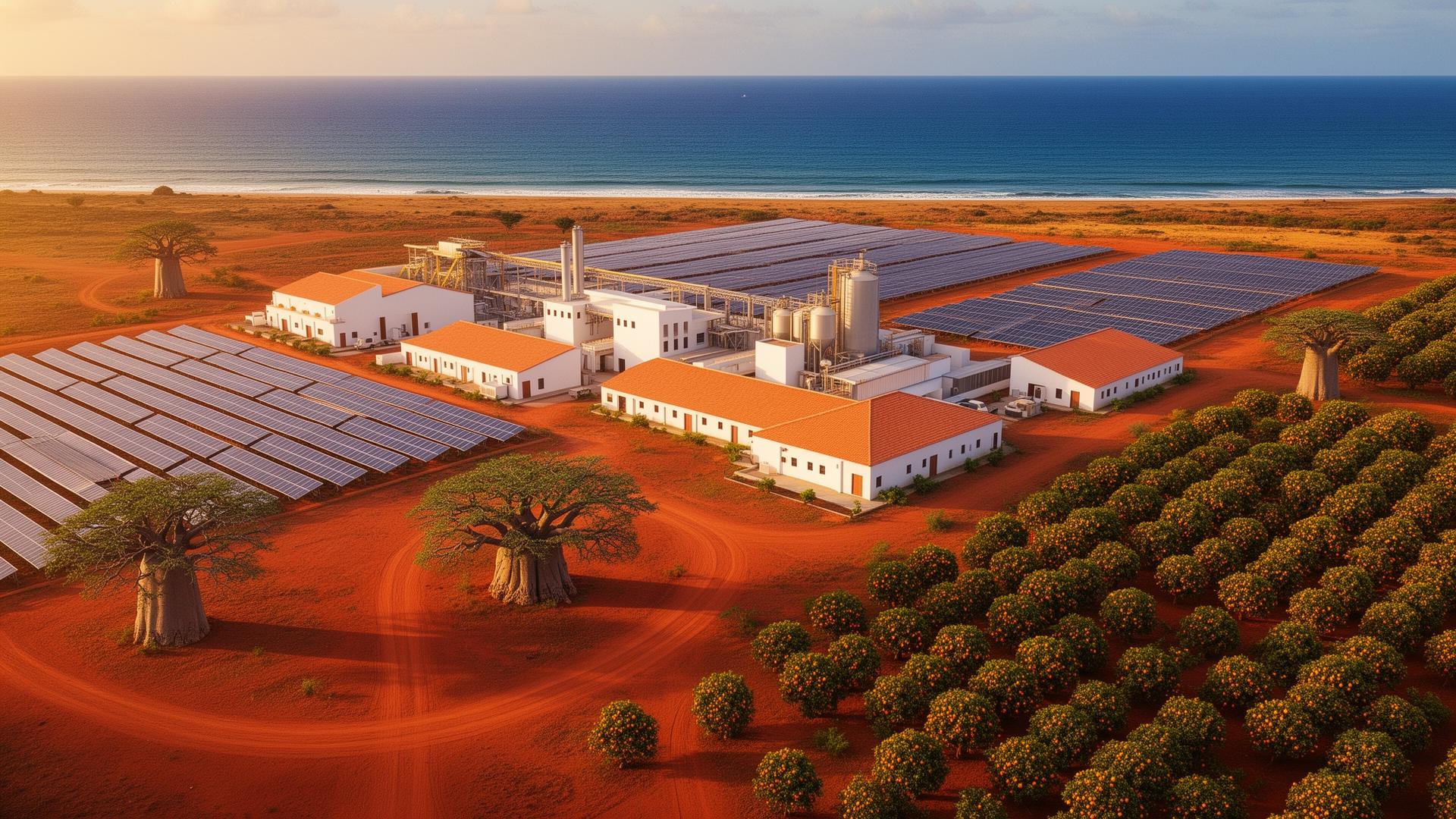 EnerCenter pilot site — agro-industrial complex with solar fields and Atlantic Ocean horizon