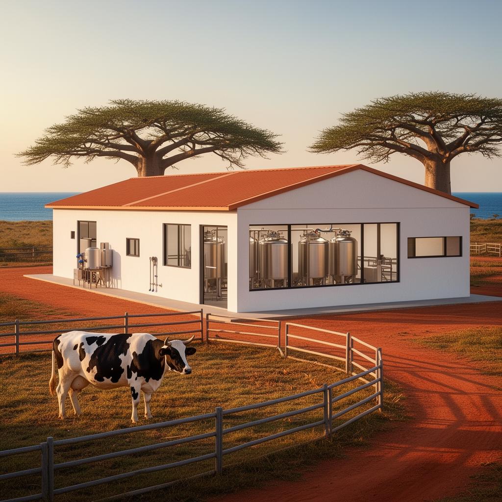Modern dairy processing facility with stainless tanks and dairy cattle