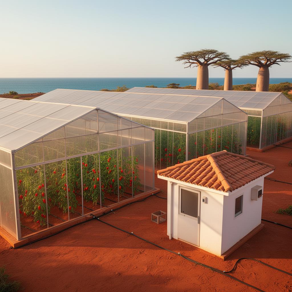Bio greenhouses with tomato and pepper rows under drip irrigation