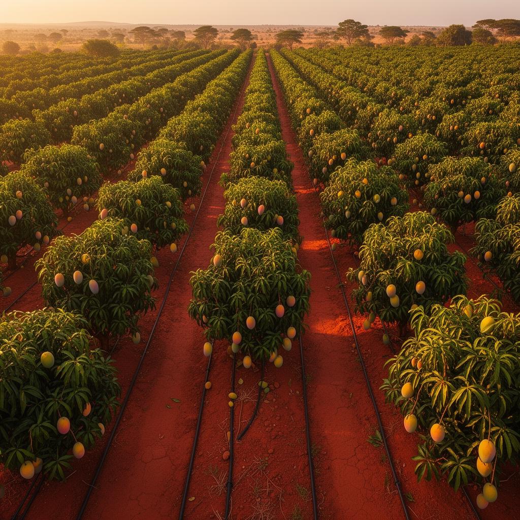 Mango and citrus orchard rows with drip irrigation
