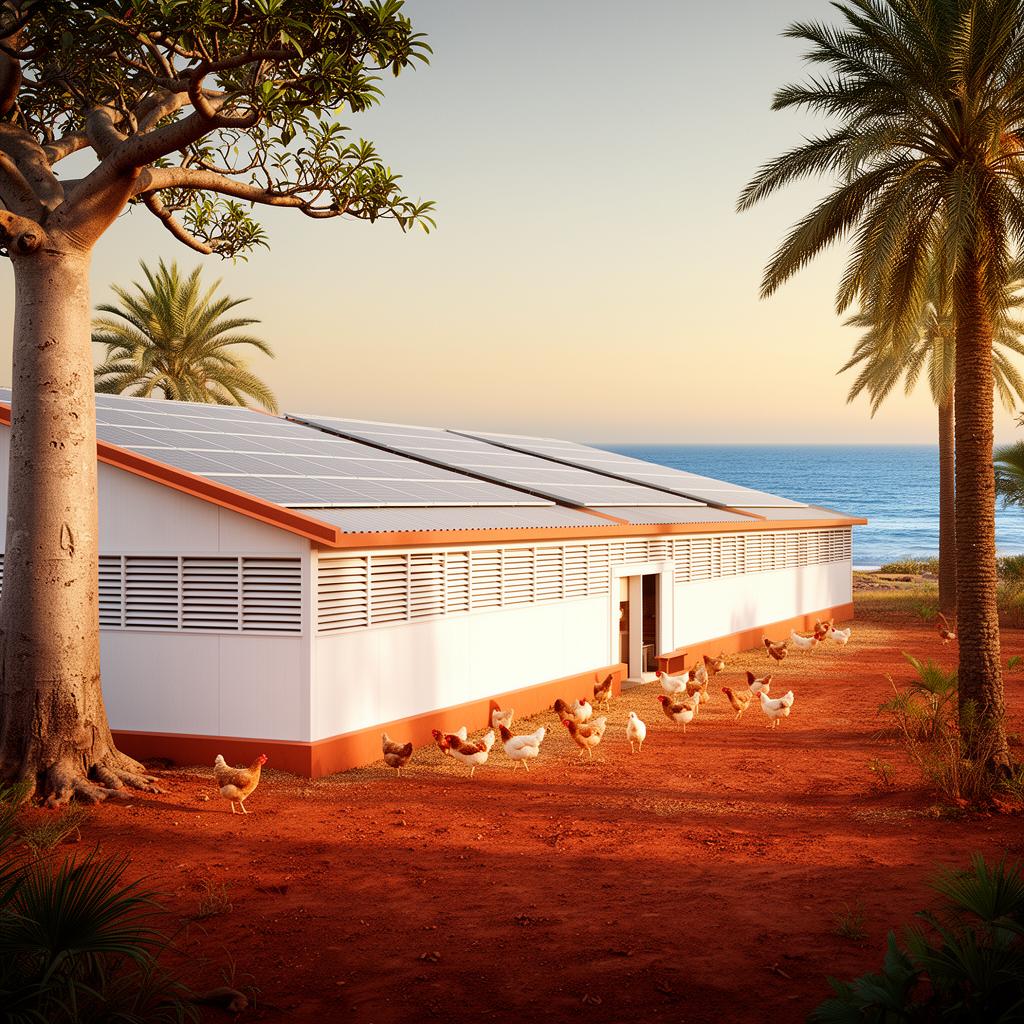 Certified poultry house with solar roof and free-range chickens