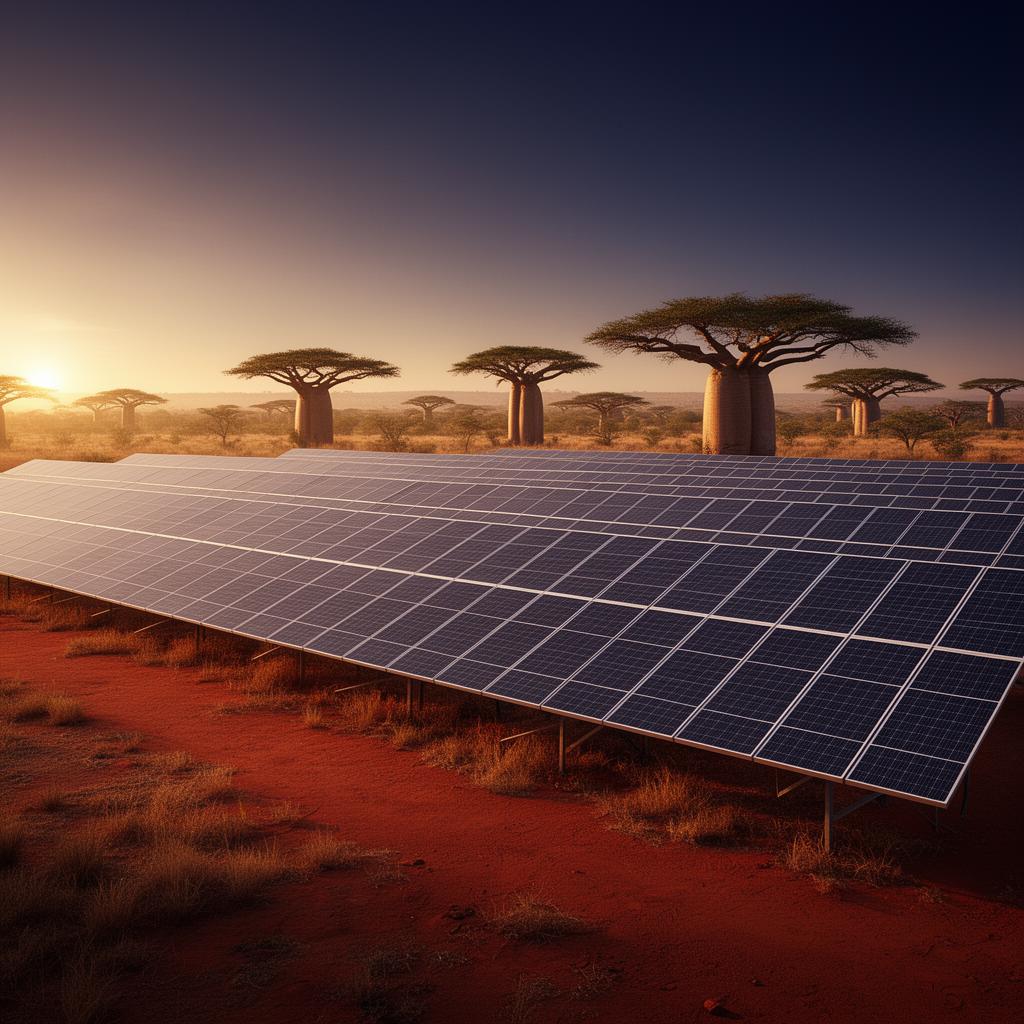 Solar panel array at sunrise across savanna landscape with baobab trees